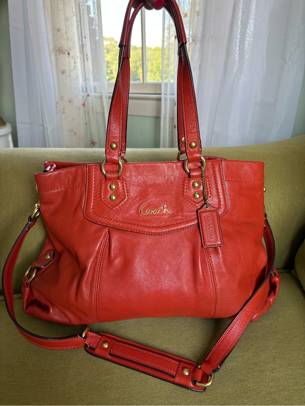 Coach Orange Leather Tote with Gold-Tone Accents
